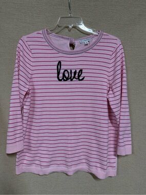 Kim Rogers Pink Striped Crewneck Sweater with 'love' Embroidery
